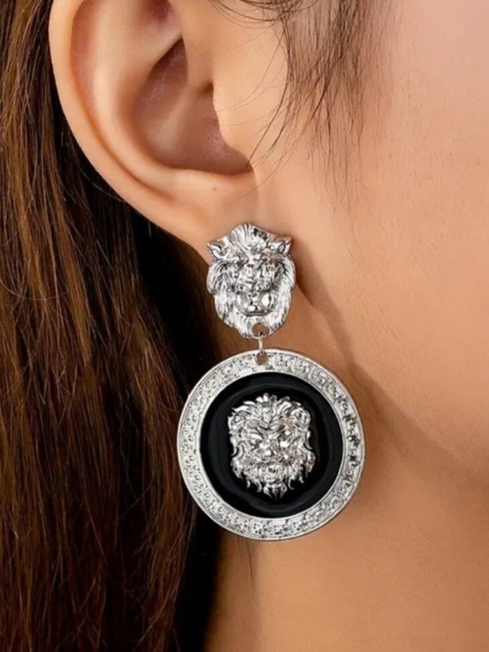 Silver Lion Medallion Drop Earrings in Black
